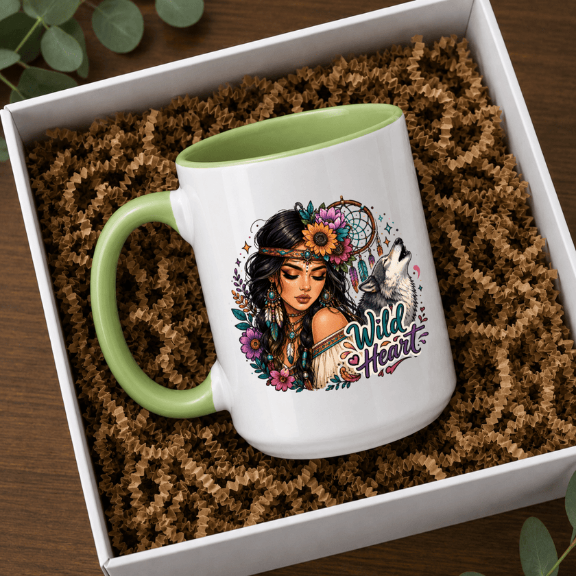 Wild Heart woman and wolf mug with green handle and interior, unique coffee cup gift for free spirited women