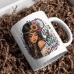 Wild Heart free spirit coffee mug for women featuring a boho inspired woman, wolf, flowers and colourful nature artwork