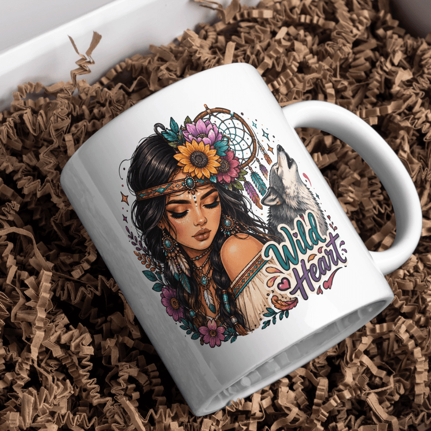 Wild Heart free spirit coffee mug for women featuring a boho inspired woman, wolf, flowers and colourful nature artwork