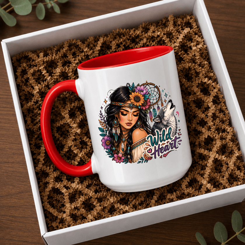 Wild Heart woman wolf ceramic coffee mug with red handle and interior featuring detailed floral and nature inspired artwork