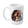 A white ceramic mug featuring a colorful graphic print of a woman with dark hair, a dreamcatcher, flowers, a wolf, and the text 'Wild Heart'.