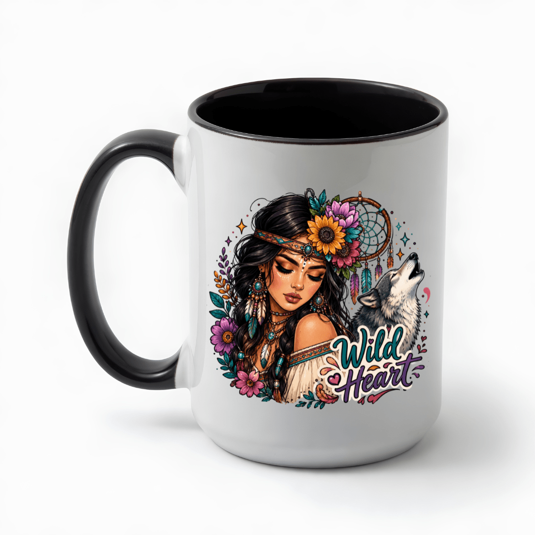 Wild Heart woman and wolf coffee mug with black handle and interior, artistic boho gift for women and wolf lovers