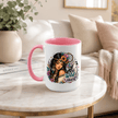 Wild Heart ceramic mug with pink handle and interior featuring a woman, howling wolf, florals and colourful bohemian artwork