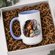 Wild Heart boho woman and wolf coffee mug with soft purple blue handle and detailed floral dreamcatcher inspired design