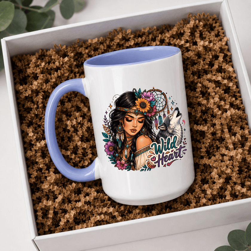 Wild Heart boho woman and wolf coffee mug with soft purple blue handle and detailed floral dreamcatcher inspired design