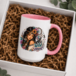 Wild Heart woman and wolf ceramic mug displayed in gift box, unique birthday or Christmas gift idea for women