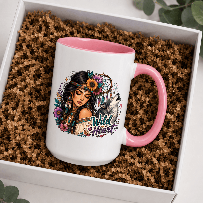 Wild Heart woman and wolf ceramic mug displayed in gift box, unique birthday or Christmas gift idea for women