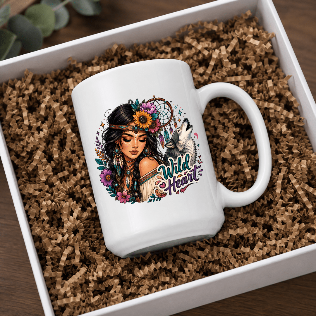 Wild Heart woman and wolf 15 oz ceramic coffee mug featuring floral details, dreamcatcher accents and colourful artwork