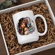 Wild Heart woman and wolf 15 oz ceramic coffee mug featuring floral details, dreamcatcher accents and colourful artwork