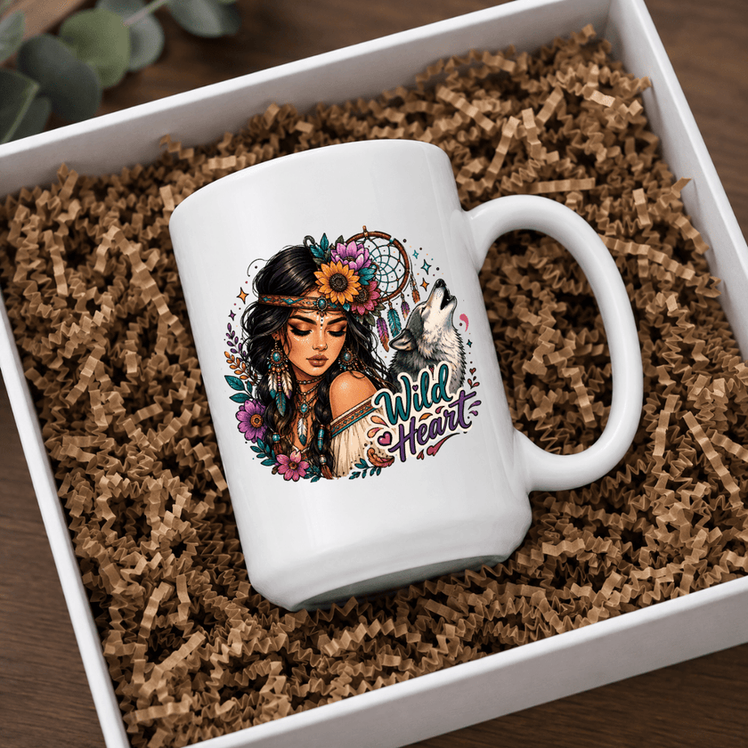 Wild Heart woman and wolf 15 oz ceramic coffee mug featuring floral details, dreamcatcher accents and colourful artwork