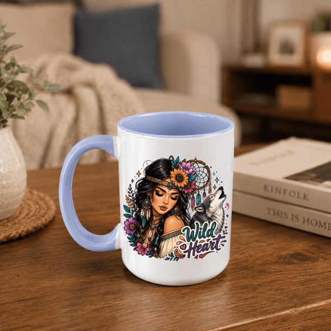 Wild Heart bohemian woman and howling wolf coffee mug with colourful flowers, decorative accents and expressive artwork
