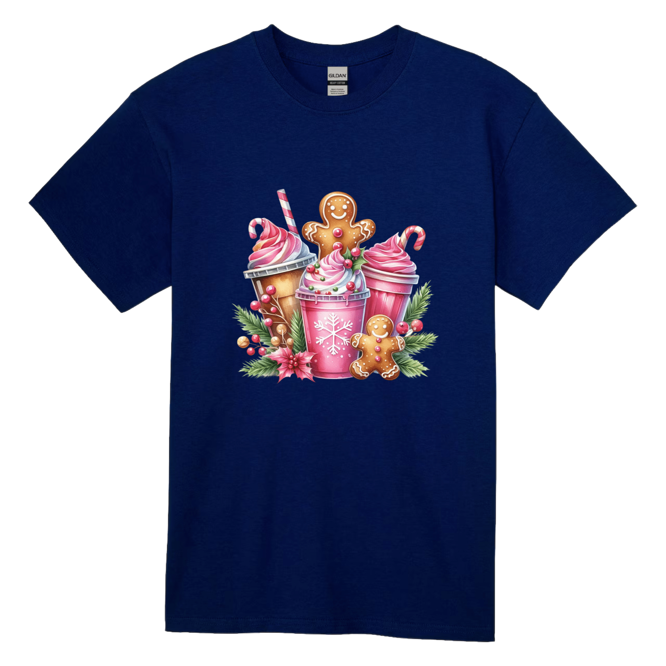 Navy blue women’s festive t-shirt featuring gingerbread cookies and bright holiday drink illustrations.