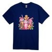 Navy blue women’s festive t-shirt featuring gingerbread cookies and bright holiday drink illustrations.