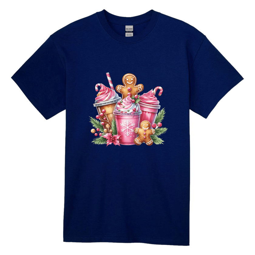 Navy blue women’s festive t-shirt featuring gingerbread cookies and bright holiday drink illustrations.