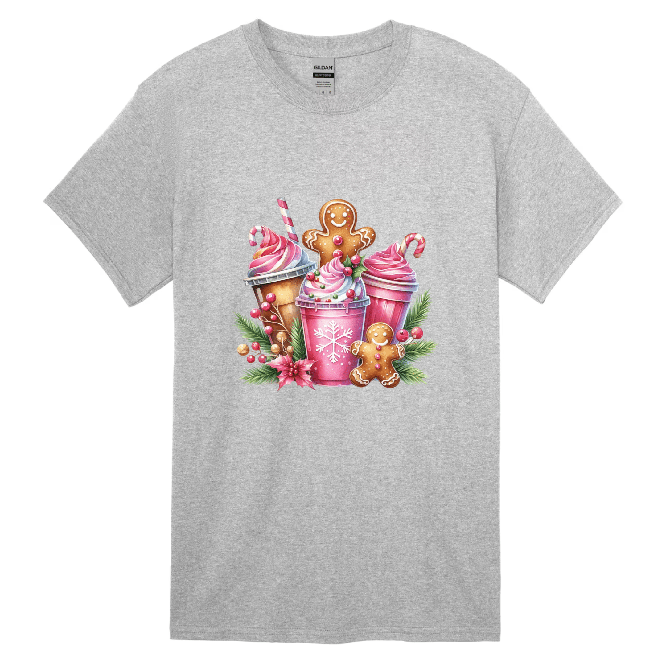 Heather grey women’s holiday tee showing pink Christmas drink cups, gingerbread people, and candy canes.