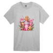 Heather grey women’s holiday tee showing pink Christmas drink cups, gingerbread people, and candy canes.