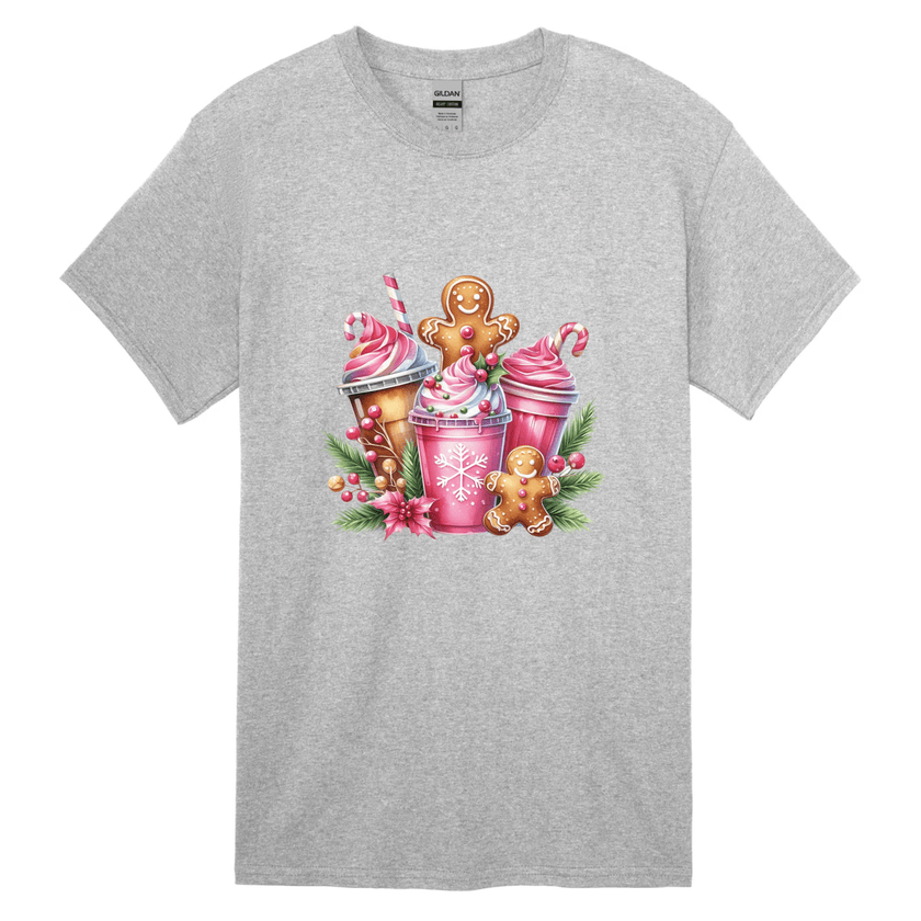 Heather grey women’s holiday tee showing pink Christmas drink cups, gingerbread people, and candy canes.