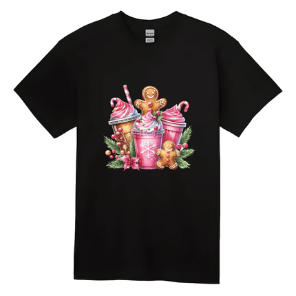 Black women’s Christmas t-shirt featuring gingerbread cookies and festive holiday drink cups in pink and red tones.