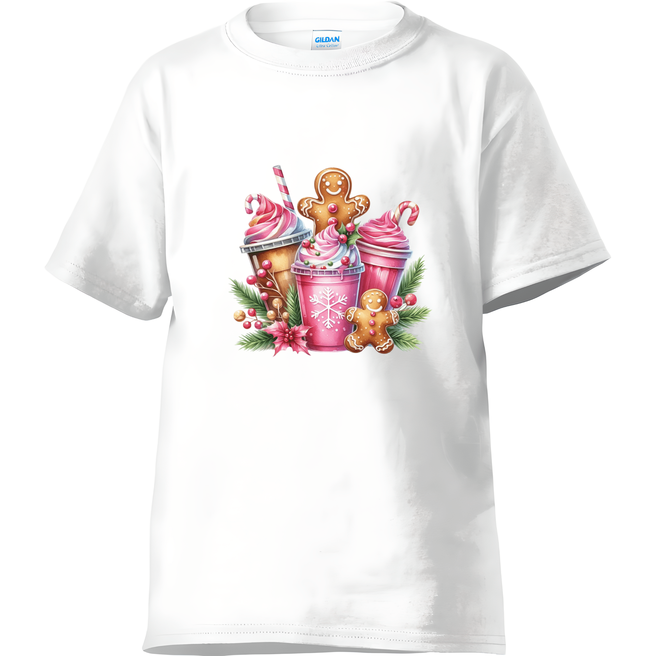 White women’s holiday tee with gingerbread cookies, whipped drinks, and candy canes in colorful Christmas design.