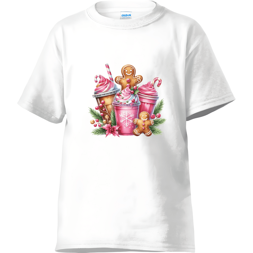 White women’s holiday tee with gingerbread cookies, whipped drinks, and candy canes in colorful Christmas design.