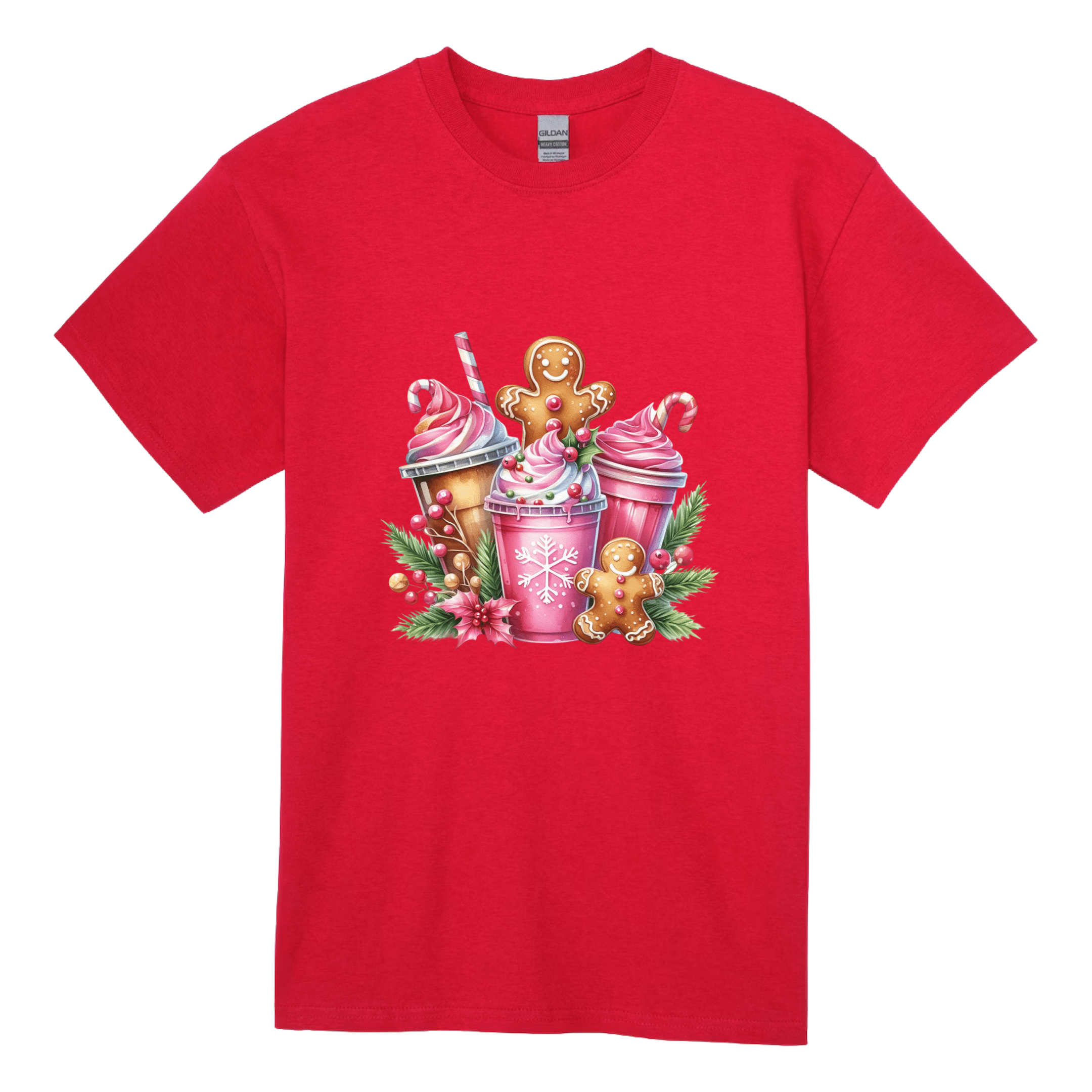 Red women’s Christmas shirt decorated with gingerbread cookies, holiday drinks, and festive greenery.