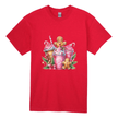 Red women’s Christmas shirt decorated with gingerbread cookies, holiday drinks, and festive greenery.