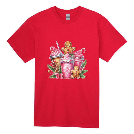 Red women’s Christmas shirt decorated with gingerbread cookies, holiday drinks, and festive greenery.