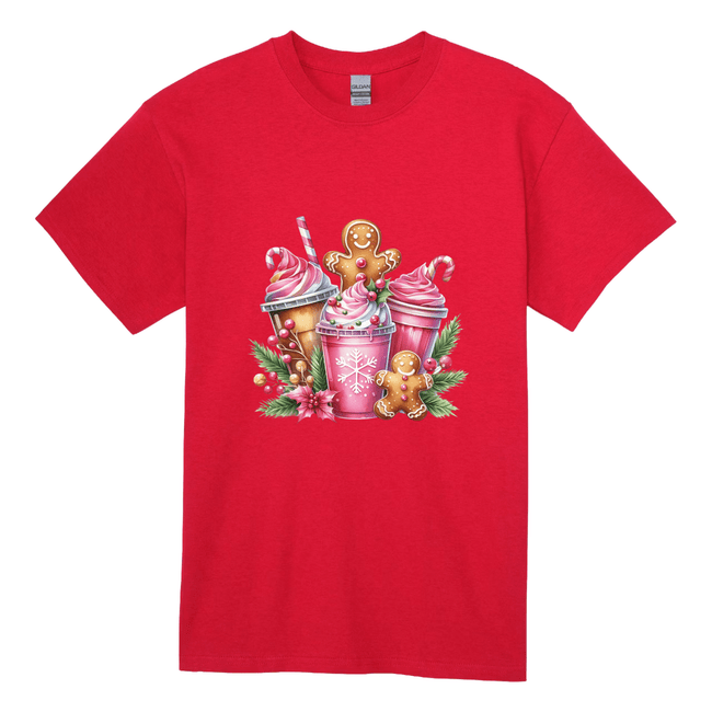 Red women’s Christmas shirt decorated with gingerbread cookies, holiday drinks, and festive greenery.
