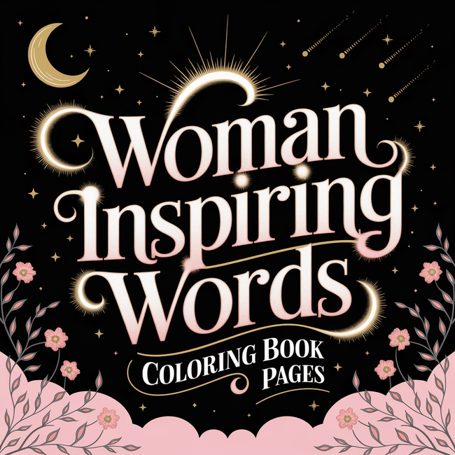 Cover image of Women Inspiring Words Coloring Pages featuring elegant lettering, moon, stars, and floral elements.