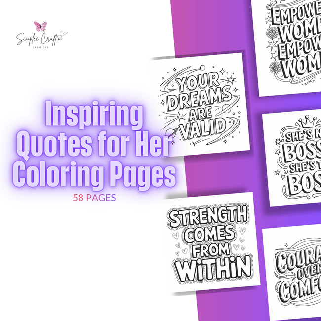Preview layout showing multiple motivational quote coloring pages for women in a purple and white design.