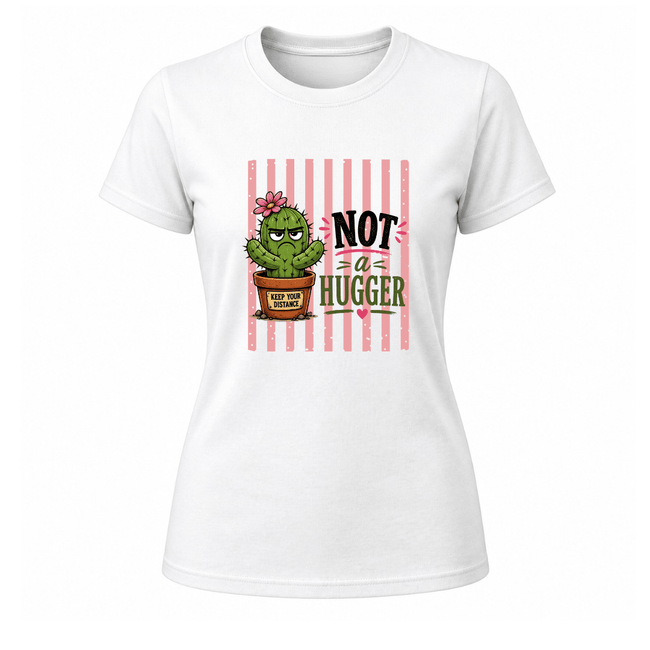 White women’s cactus shirt with funny Not A Hugger quote, flower pot artwork, and playful plant lover design.