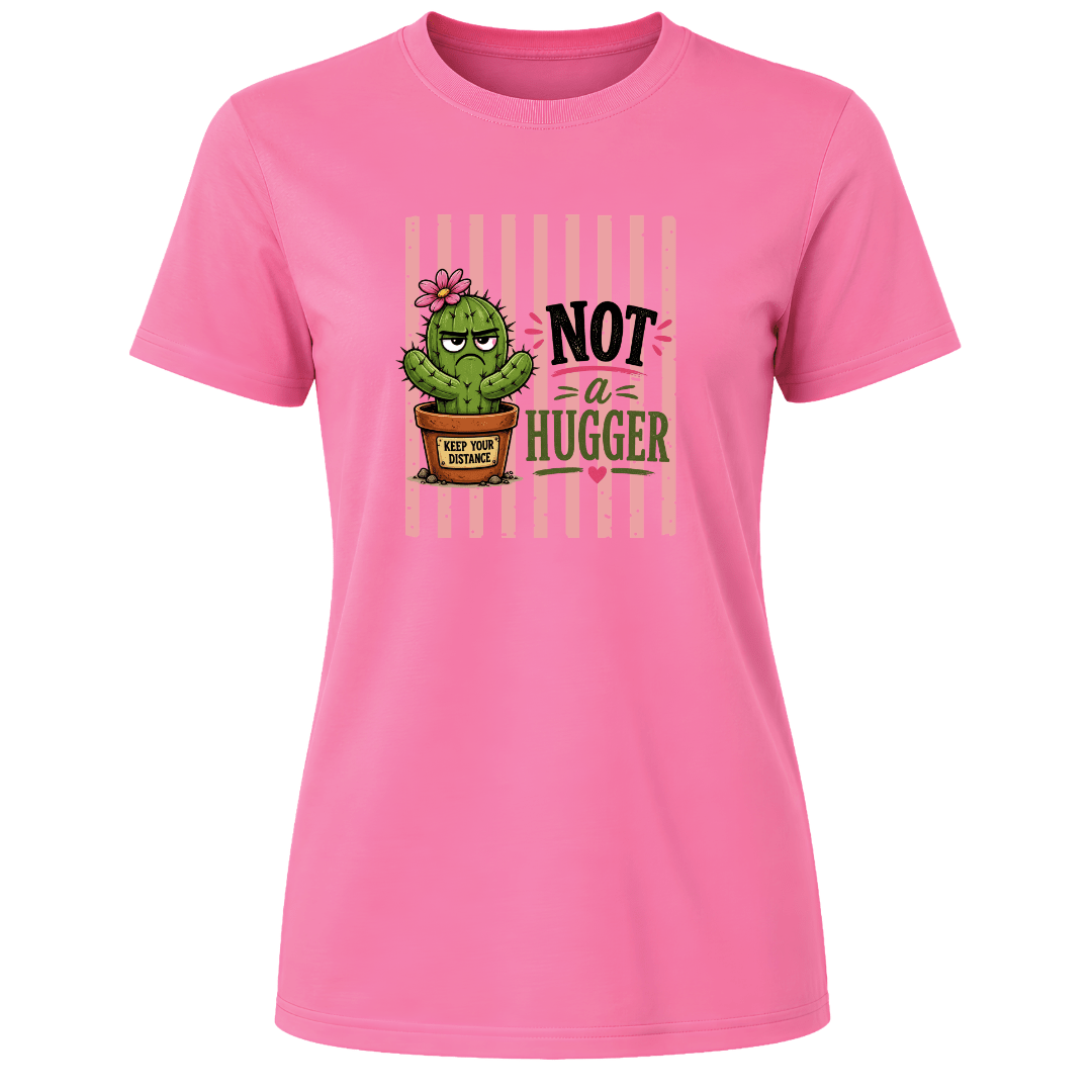 Azalea pink women’s tee with a bold cactus graphic and personal space message for introverts and plant fans.