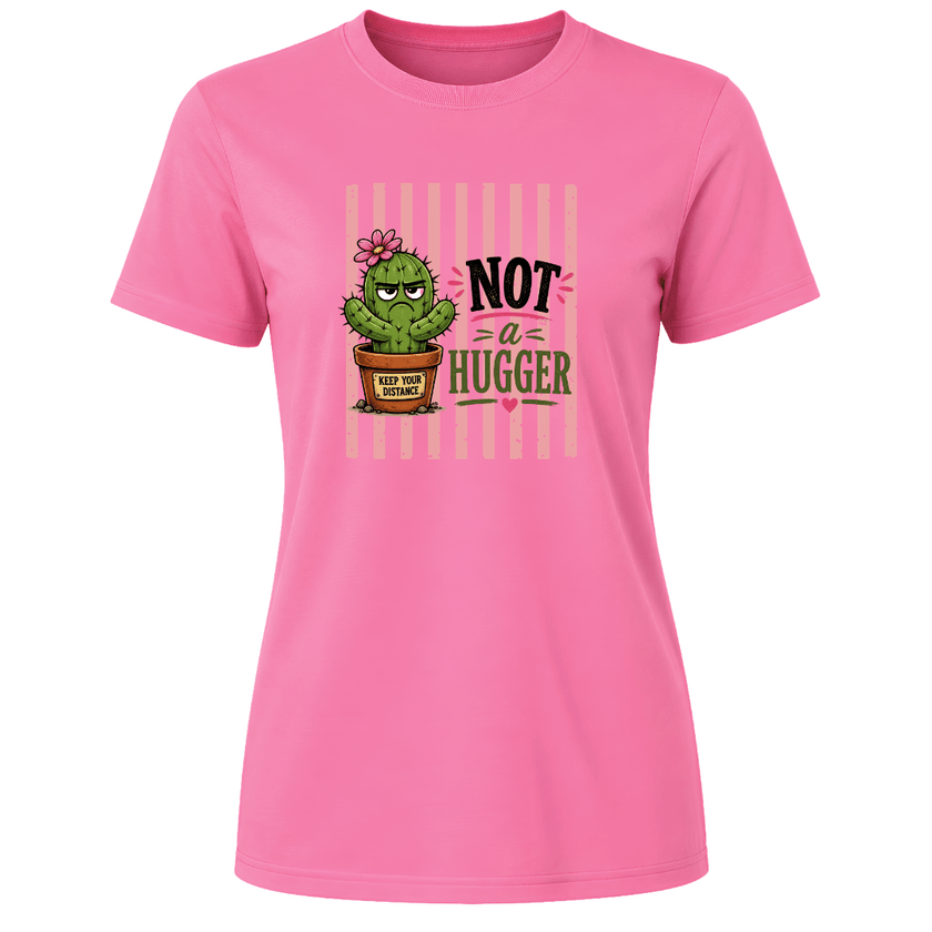 Azalea pink women’s tee with a bold cactus graphic and personal space message for introverts and plant fans.