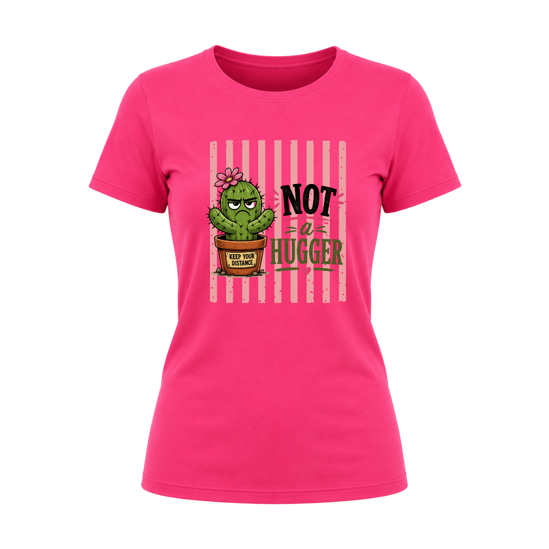 Heliconia pink women’s Not A Hugger shirt with grumpy cactus character and cute flower accent.