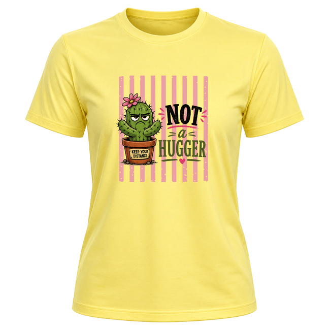 Corn Silk yellow women’s cactus tee with funny plant lover artwork and soft pink striped design detail.