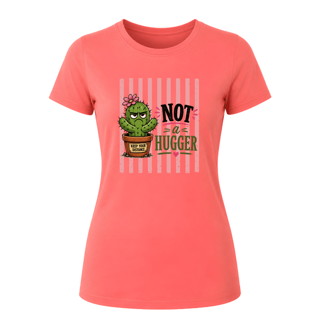 Coral Silk women’s graphic shirt showing a cute cactus in a pot with Not A Hugger lettering on the front.