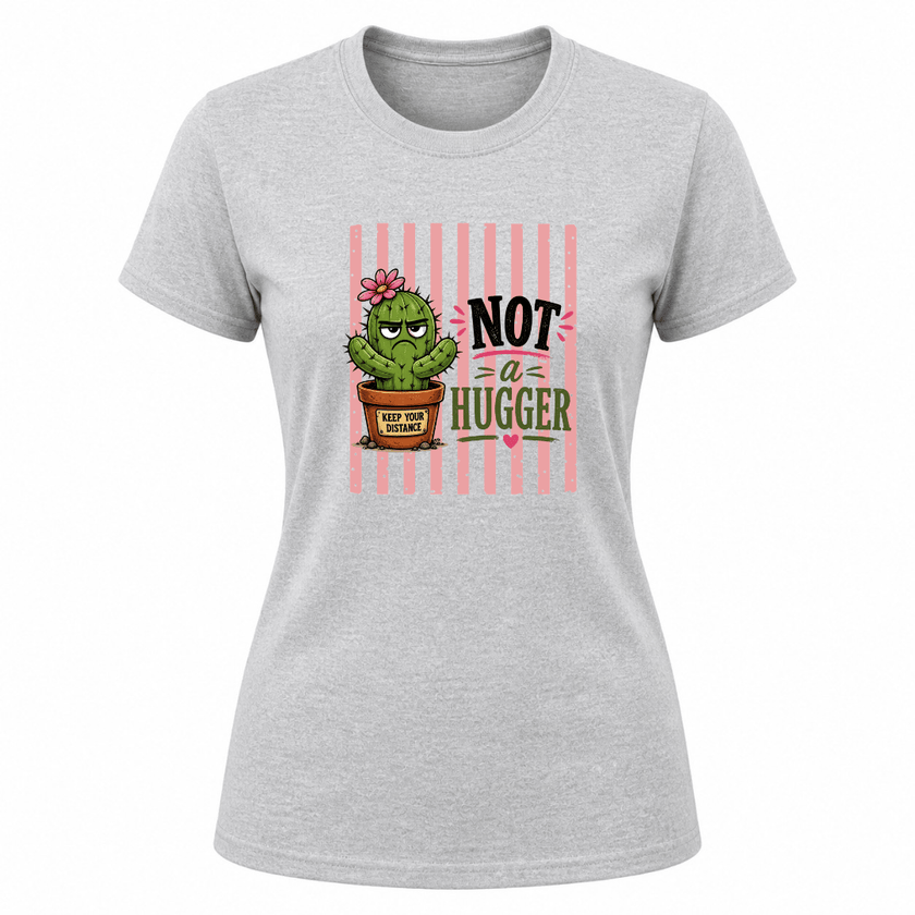 Sport Grey women’s graphic tee featuring a cute grumpy cactus with Not A Hugger text and pink striped background.