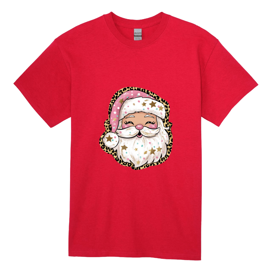 Red holiday tee for women with festive pink Santa and leopard print Christmas artwork.