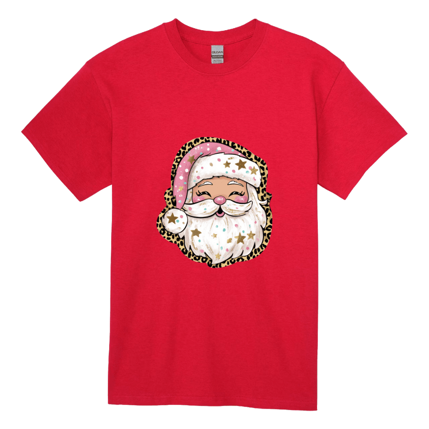 Red holiday tee for women with festive pink Santa and leopard print Christmas artwork.