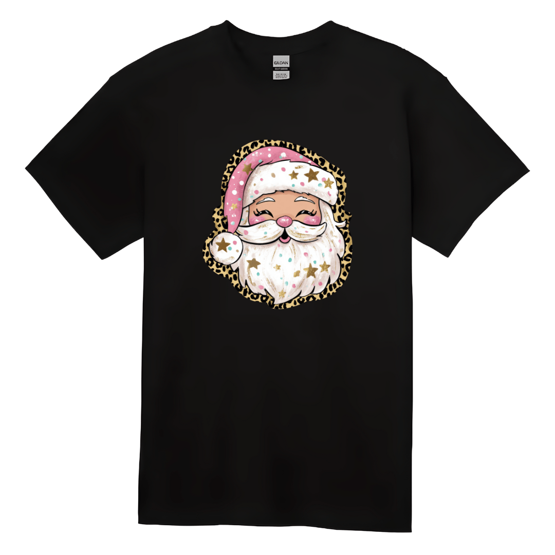 Black Christmas T-shirt for women with adorable pink Santa Claus graphic.