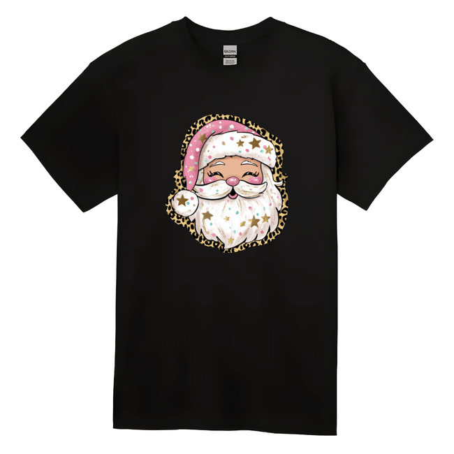 Black Christmas T-shirt for women with adorable pink Santa Claus graphic.