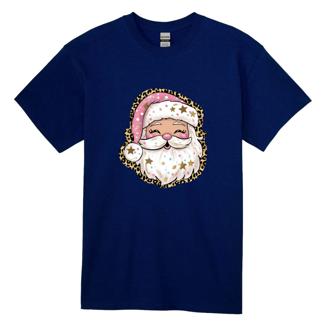 Navy blue women’s holiday T-shirt featuring pink hat Santa with leopard print border.