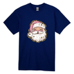 Navy blue women’s holiday T-shirt featuring pink hat Santa with leopard print border.