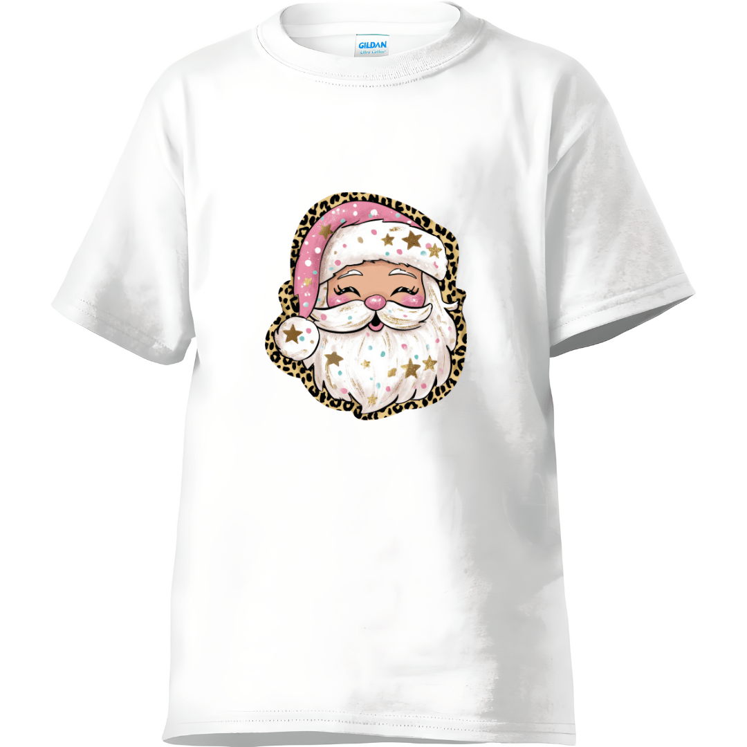 White women’s T-shirt showcasing cute pink Santa face with stars and leopard print.