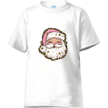 White women’s T-shirt showcasing cute pink Santa face with stars and leopard print.