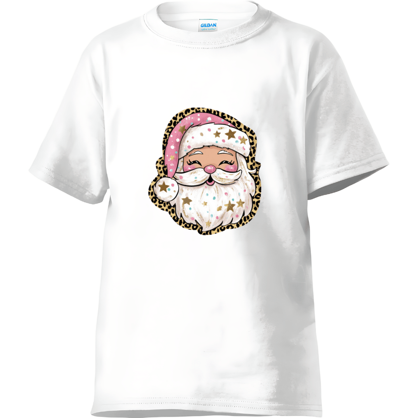 White women’s T-shirt showcasing cute pink Santa face with stars and leopard print.