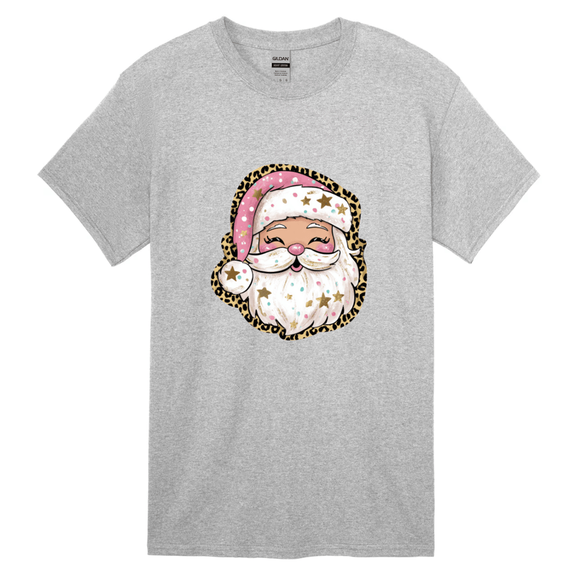 Women’s heather grey T-shirt with a cute pink Santa and leopard print Christmas design.