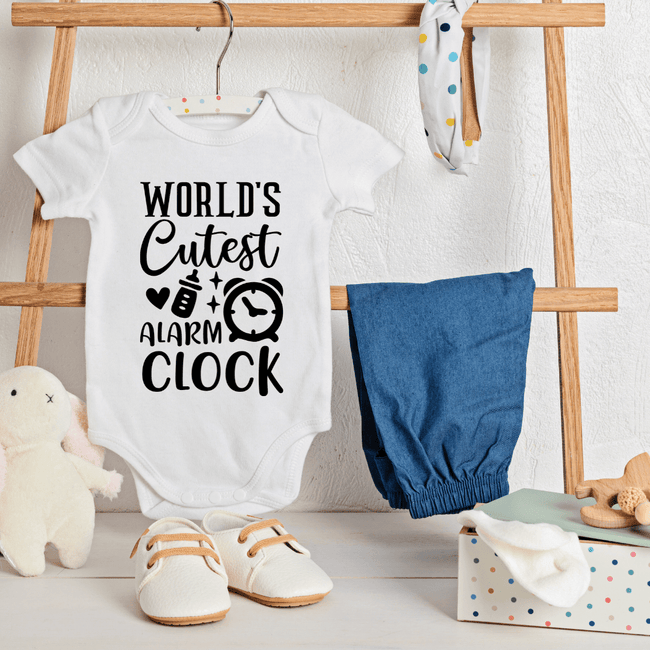 Minimalist white unisex baby romper with funny baby graphic print and snap closure bottom