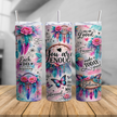 Three views of a colourful You Are Enough affirmation tumbler featuring boho dreamcatchers, floral artwork and positive quotes