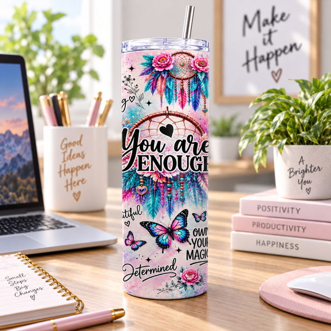 You Are Enough inspirational 20oz tumbler displayed on a bright workspace with colourful dreamcatchers, butterflies and flowers